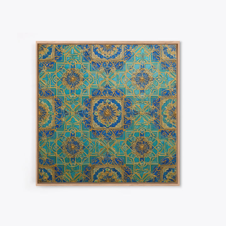 Blue And Gold Islamic Geometric Tile Wall Art, Moroccan Pattern Canvas Print For Elegant Home Decor And Meditation Room Decor