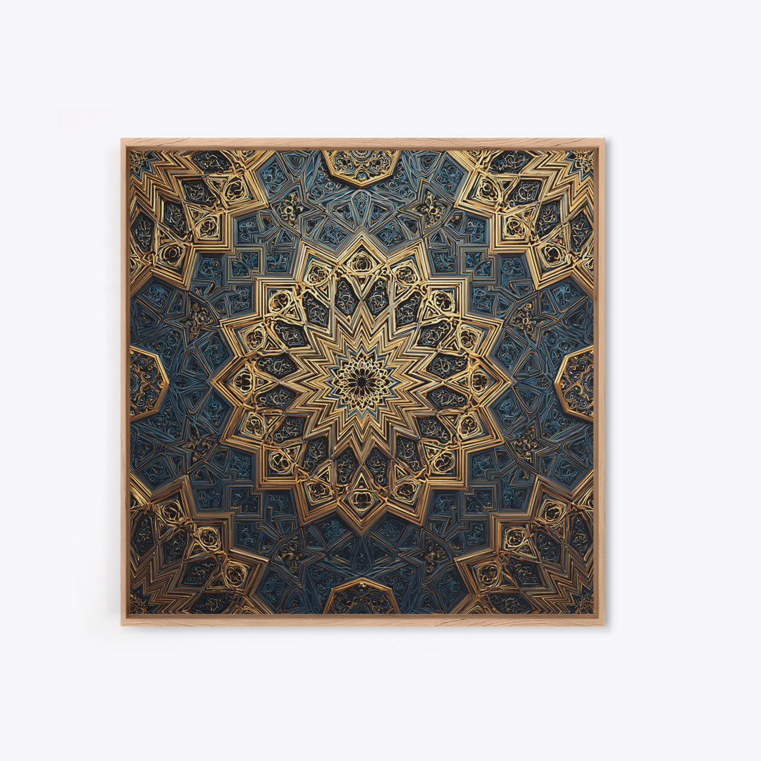 Blue Gold Islamic Geometric Mandala Wall Art, Sacred Geometry Pattern, Moroccan Tile Decor, Meditation Room Statement Print