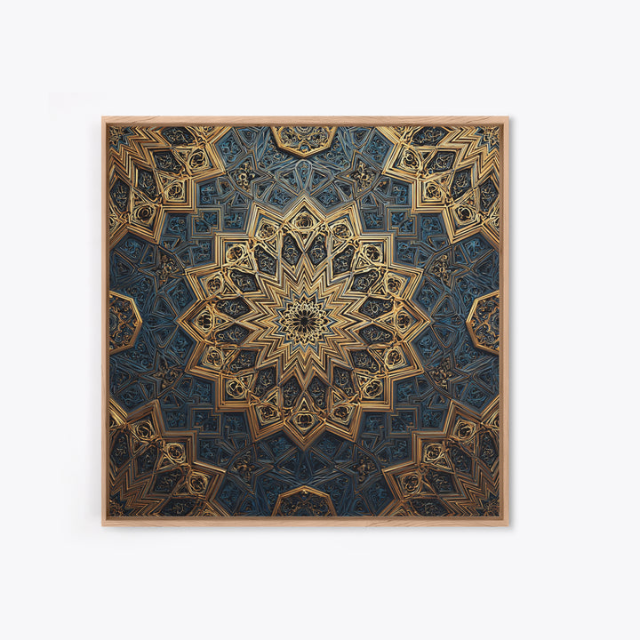 Blue Gold Islamic Geometric Mandala Wall Art, Sacred Geometry Pattern, Moroccan Tile Decor, Meditation Room Statement Print