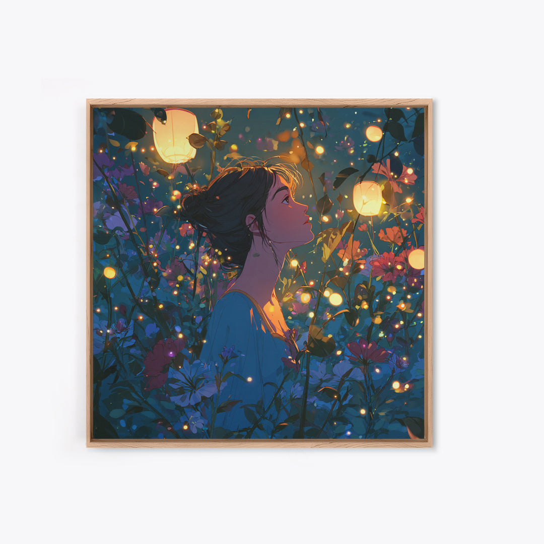 Lantern Lit Girl In Enchanted Flower Garden Wall Art, Whimsical Fairycore Decor, Fantasy Floral Print For Bedroom Living Room Decor