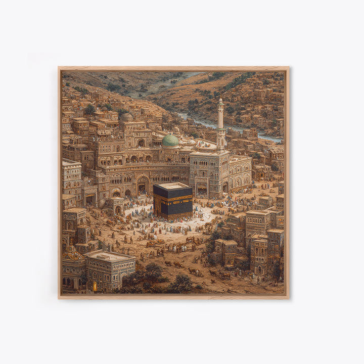 Kaaba In Ancient Mecca City Canvas Print, Islamic Architecture Wall Art, Hajj Prayer Room Decor Housewarming Gift For Muslim Home
