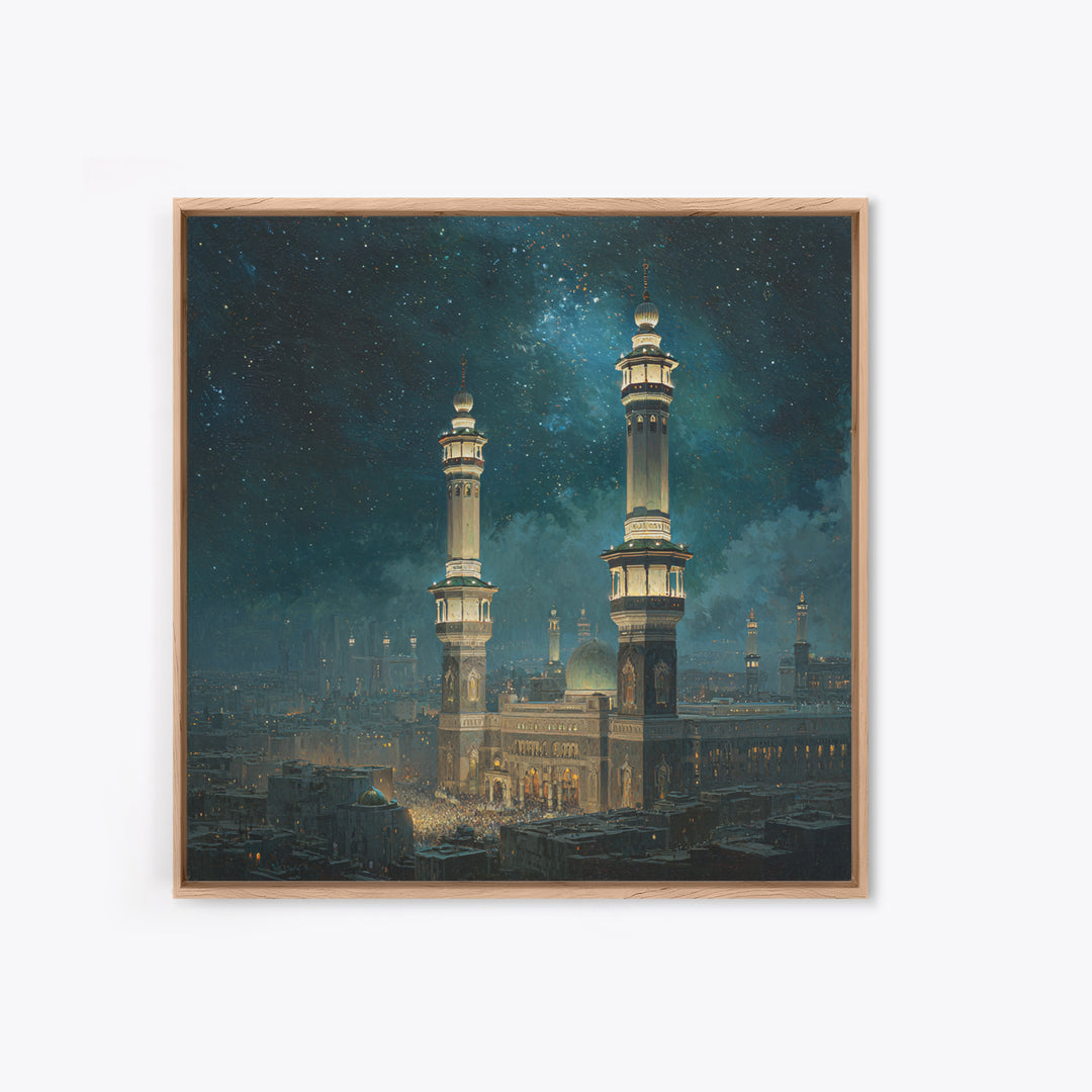 Starry Night Mosque Minarets Framed Canvas Print, Islamic Wall Art, Celestial Arabic Home Decor For Prayer Room And Eid Gift