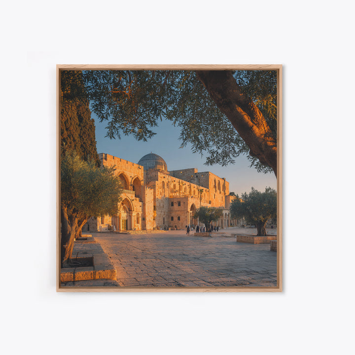 Golden Jerusalem Mosque Courtyard Wall Art, Islamic Architecture Print, Olive Tree Decor, Spiritual Travel Poster, Middle Eastern Decor