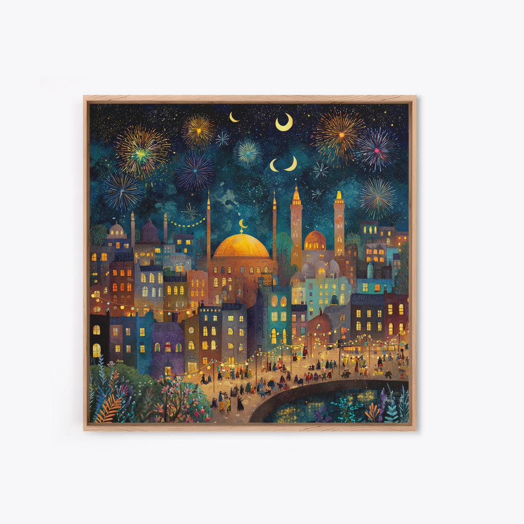 Crescent Moon City Fireworks Wall Art, Whimsical Islamic Canvas Print, Ramadan Decor, Celestial Nursery Art Gift For Kids Room Decor