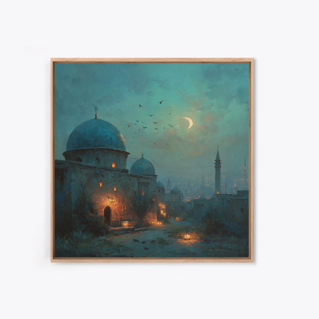 Moonlit Desert Dome Wall Art, Crescent Moon Islamic Architecture Painting, Moroccan Decor, Teal Blue Canvas Print, Ramadan Gift
