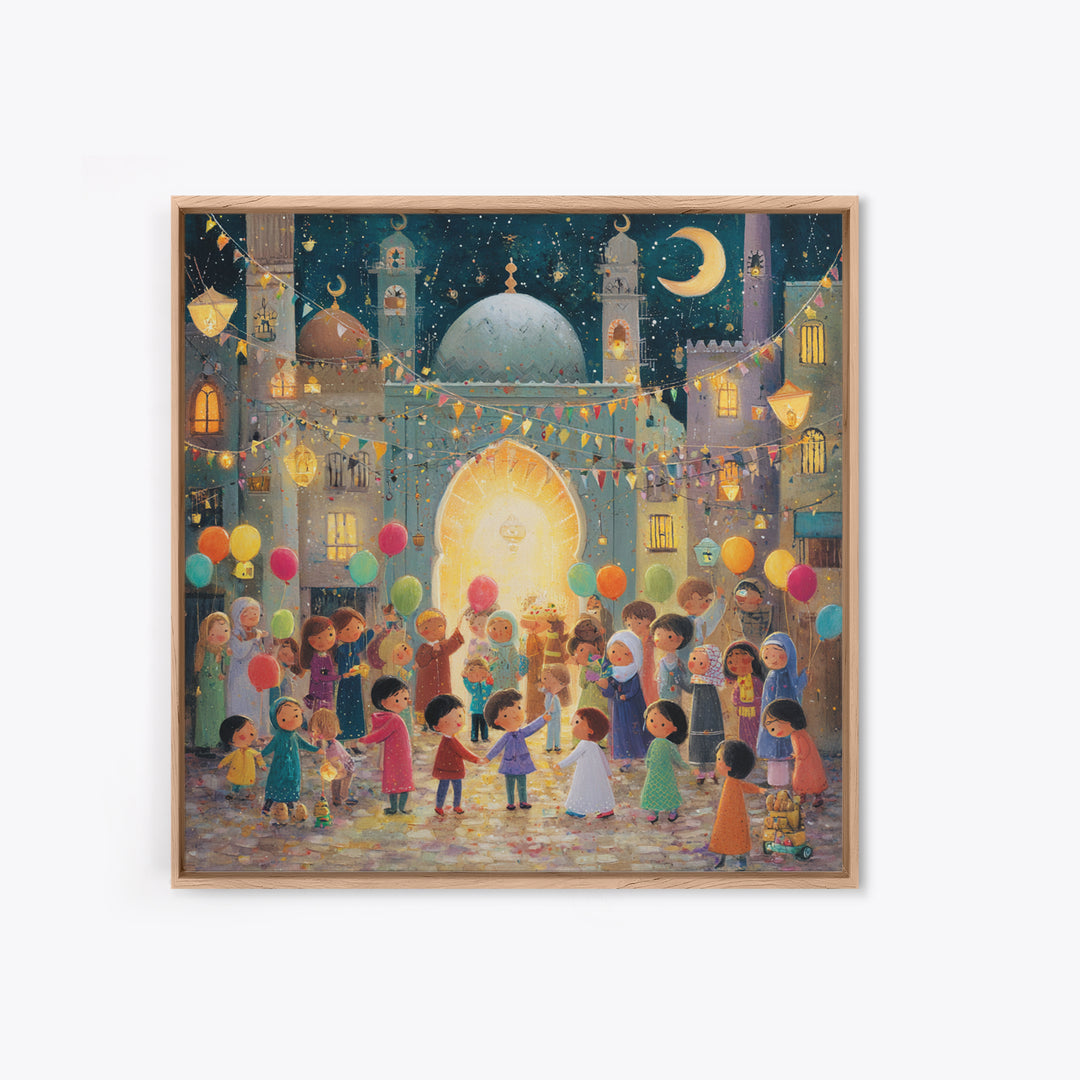Whimsical Eid Festival Mosque Wall Art, Children With Balloons Islamic Decor, Ramadan Celebration Nursery Art Print Gift