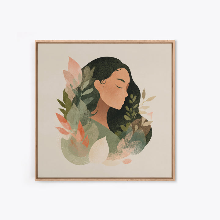 Serene Botanical Woman Portrait Canvas Print, Neutral Boho Wall Decor, Minimalist Art Print For Bedroom Living Room Home Decor