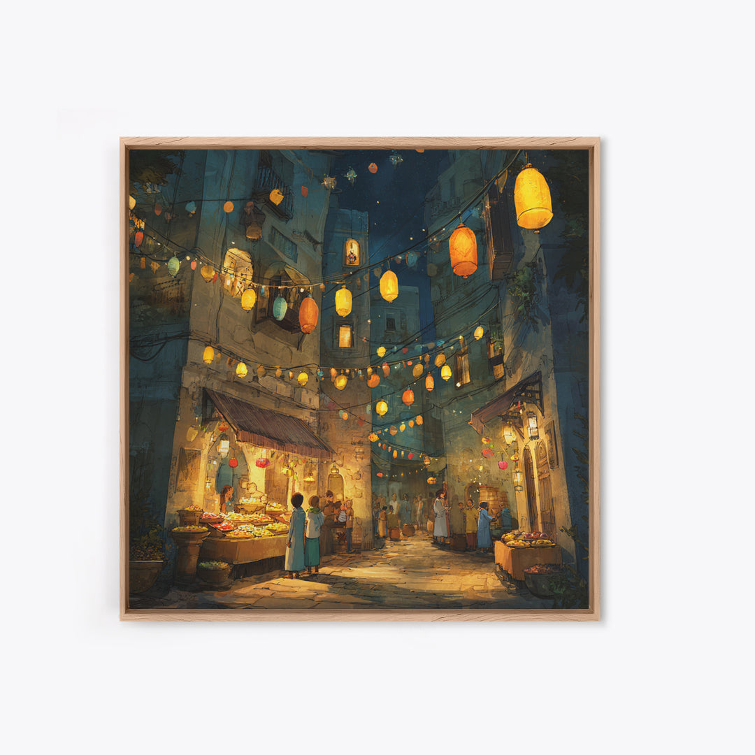 Glowing Lantern Night Market Alley With Food Stalls Wall Art, Moroccan Decor, Mediterranean Travel Poster, Kitchen Wall Art