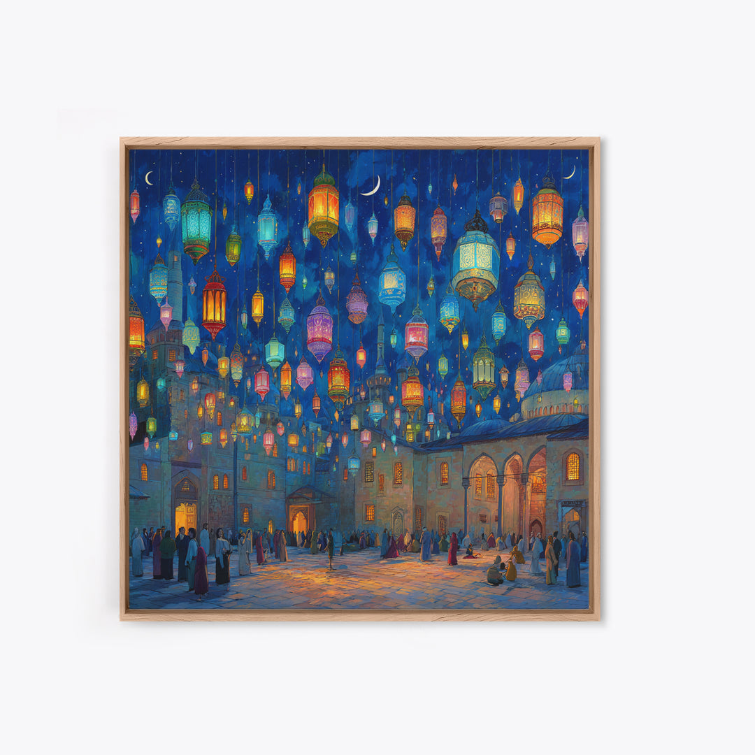 Colorful Ramadan Lanterns Over Courtyard Wall Art, Islamic Canvas Print, Arabic Home Decor, Eid Gift, Mystical Night Scene