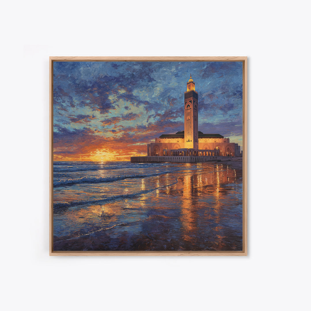 Sunset Mosque On Moroccan Coast Canvas Print, Islamic Wall Art, Ocean Seascape, Morocco Travel Poster, Coastal Home Decor