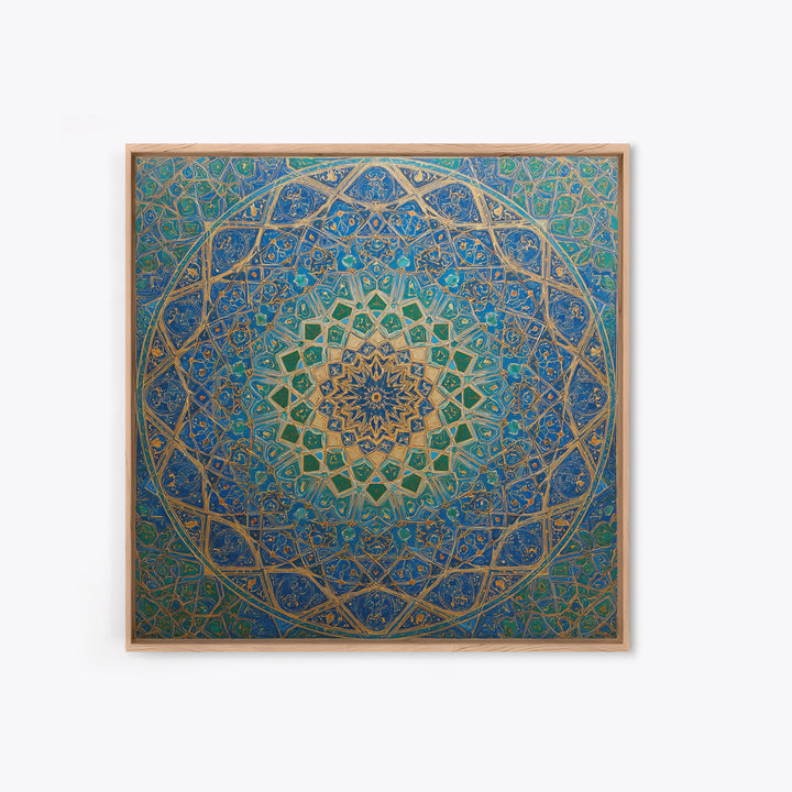 Blue Gold Islamic Geometric Mandala Wall Art, Moroccan Mosaic Canvas Print, Arabic Decor Gift For Prayer Room
