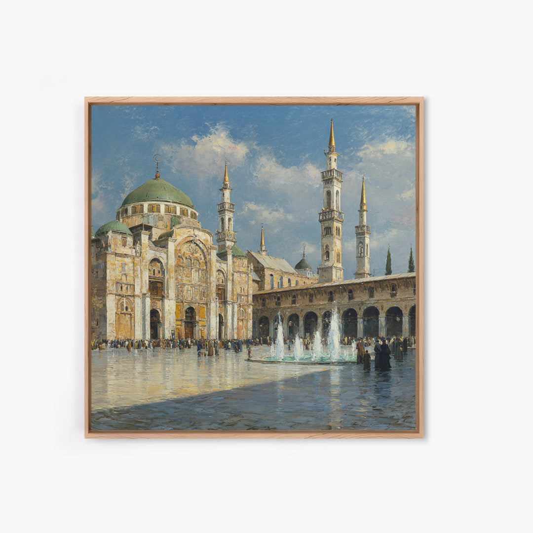 Grand Mosque Courtyard Framed Canvas Print, Islamic Architecture Wall Art, Impressionist Travel Poster, Elegant Office Decor