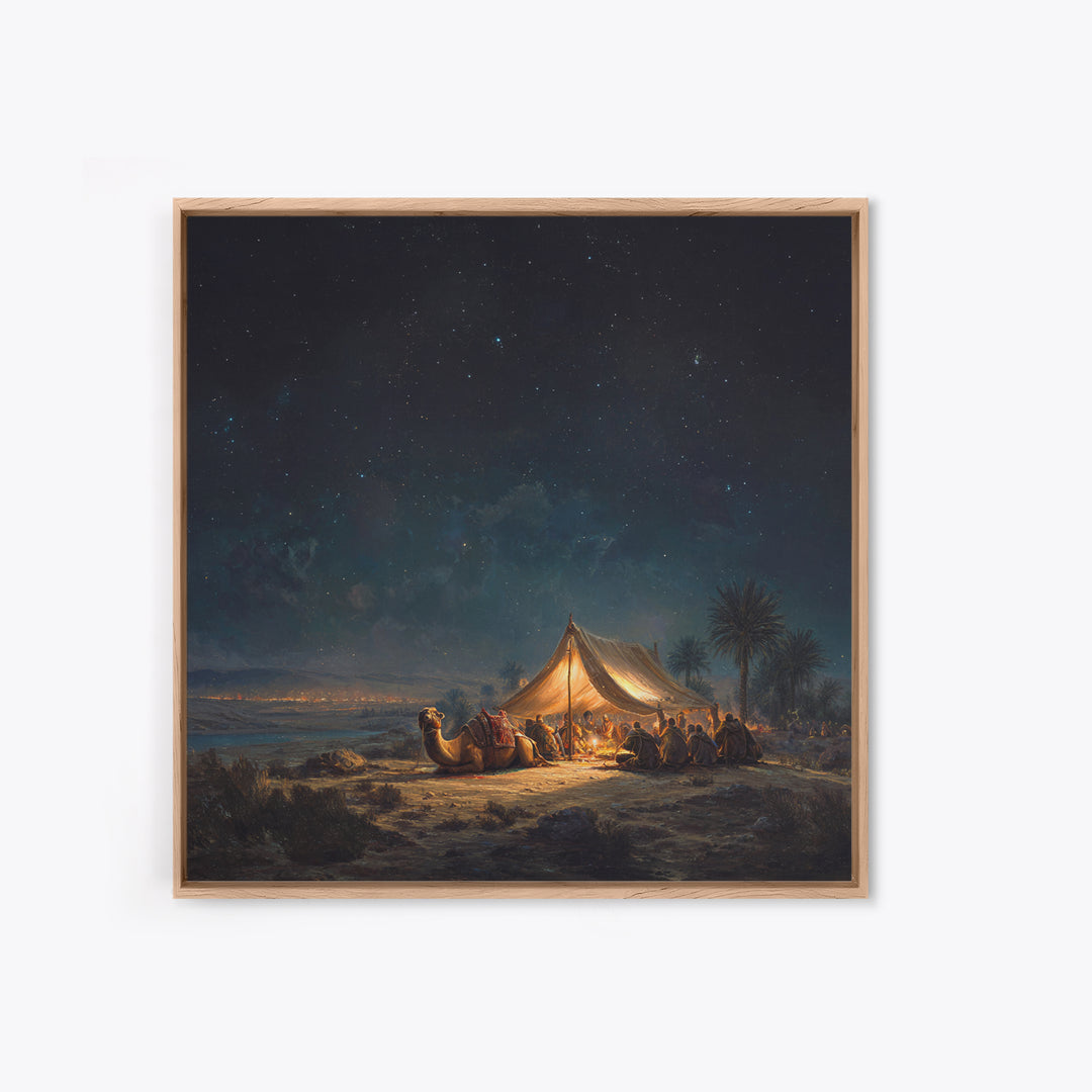 Starlit Desert Camp Canvas Print, Camel Caravan Landscape Art, Celestial Night Sky Wall Decor, Boho Travel Poster Gift For Him