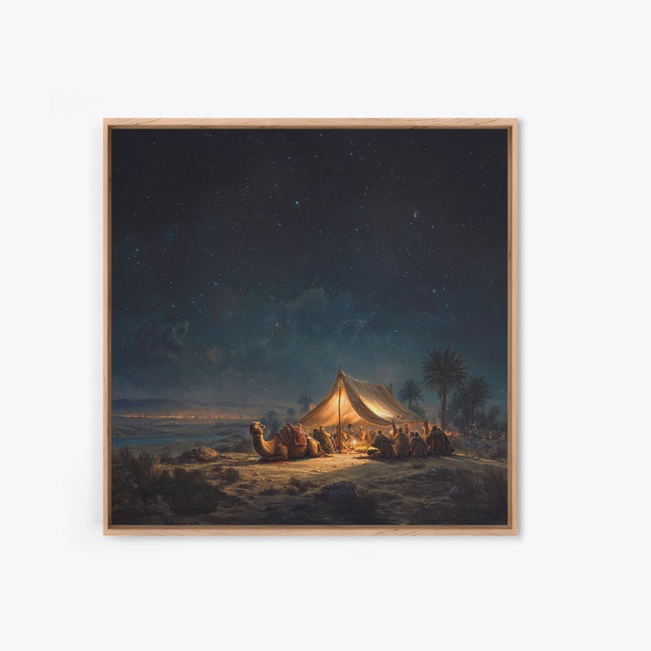 Starlit Desert Camp Canvas Print, Camel Caravan Landscape Art, Celestial Night Sky Wall Decor, Boho Travel Poster Gift For Him