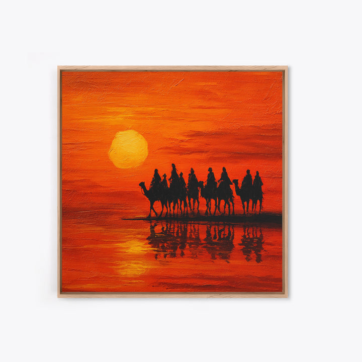 Camel Caravan At Orange Desert Sunset Wall Art, Moroccan Travel Canvas Print, Sahara Landscape Decor, Boho Housewarming Gift