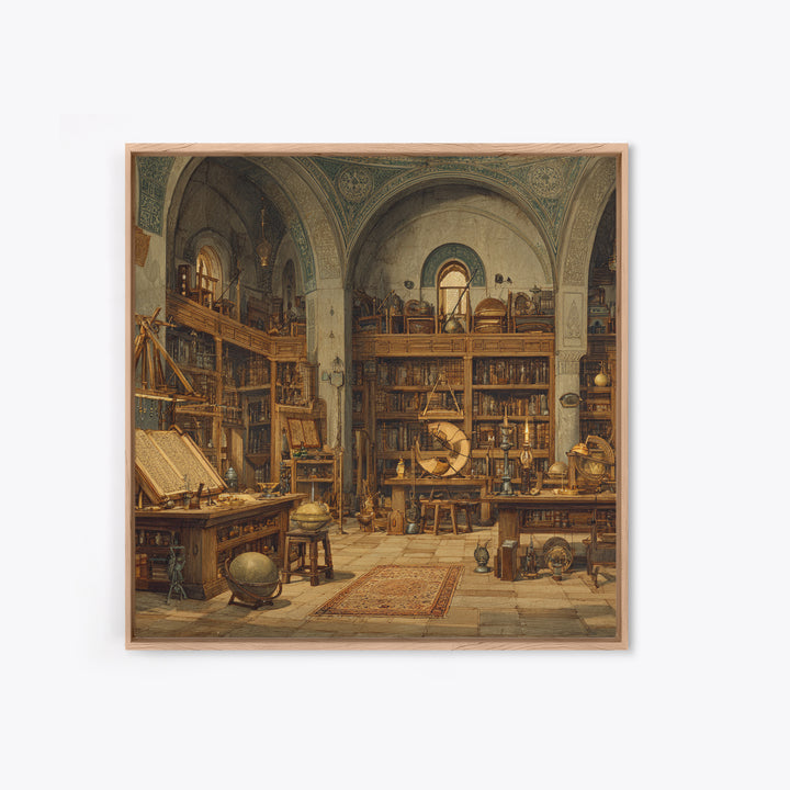 Antique Scholar Library With Globes And Manuscripts Framed Canvas Print, Dark Academia Wall Art, Office Decor, Book Lover Gift