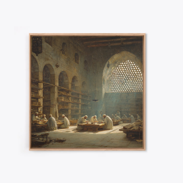 Sunlit Ancient Library Scholars Wall Art, Islamic Architecture Canvas, Dark Academia Decor, Historical Fine Art Print Gift