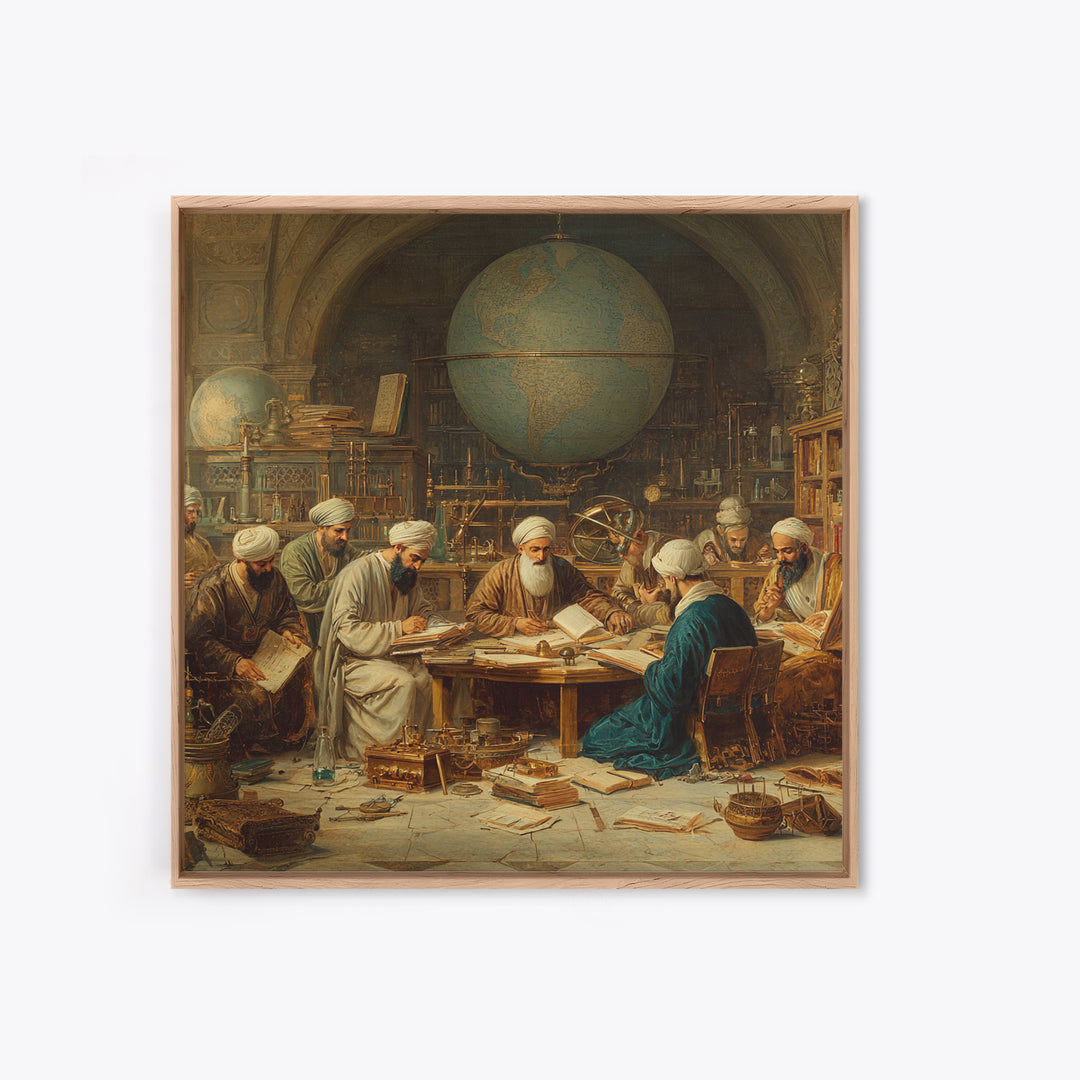 Ancient Scholars With Globe Wall Art, Islamic Golden Age Study Framed Canvas Print, Historical Library Office Decor Gift