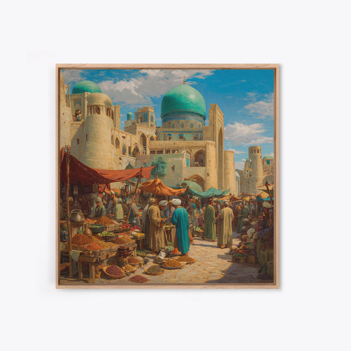 Turquoise Dome Bazaar Wall Art, Silk Road Market Painting, Islamic Architecture Decor, Moroccan Style Travel Art Print, Canvas Print