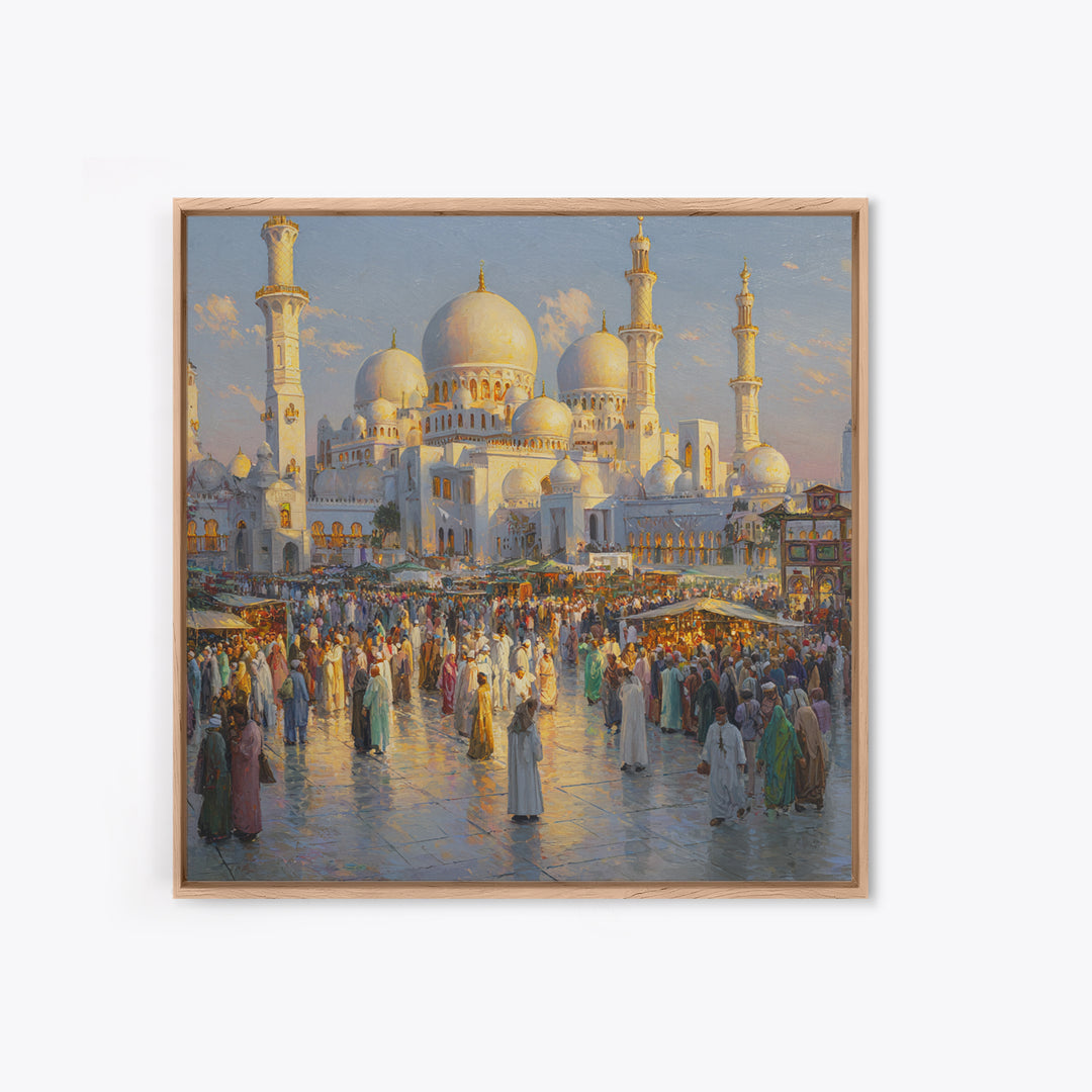 Grand White Mosque And Market Crowd Wall Art, Islamic Architecture Print, Middle Eastern Decor, Travel Gift For Living Room