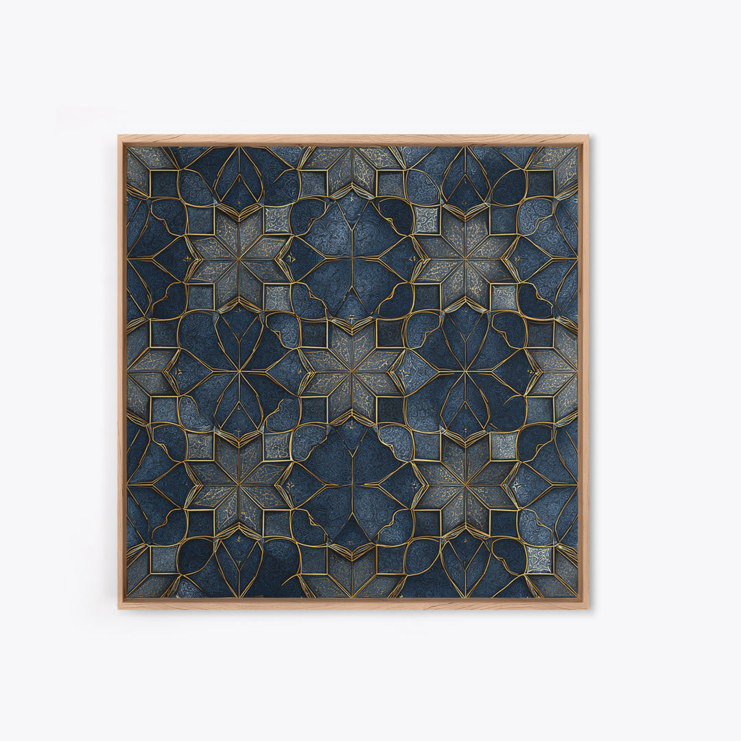 Blue Gold Geometric Tile Pattern Wall Art, Moroccan Art Deco Canvas Print, Luxury Modern Abstract Home Decor Gift For Her