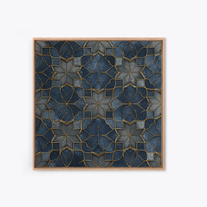 Blue Gold Geometric Tile Pattern Wall Art, Moroccan Art Deco Canvas Print, Luxury Modern Abstract Home Decor Gift For Her