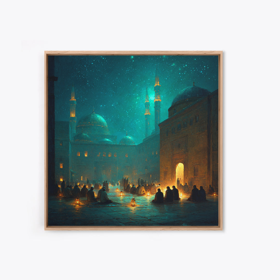 Teal Lantern Prayer Courtyard Wall Art, Islamic Framed Canvas Print, Ramadan Decor, Spiritual Wall Art, Moody Mosque Scene