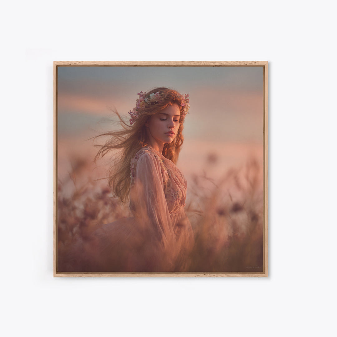 Ethereal Woman In Wildflower Meadow Canvas Print, Romantic Feminine Wall Art, Soft Pastel Bedroom Decor Living Room Gift For Her