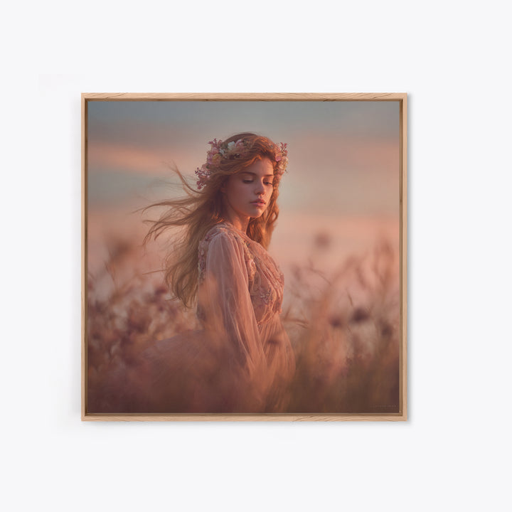 Ethereal Woman In Wildflower Meadow Canvas Print, Romantic Feminine Wall Art, Soft Pastel Bedroom Decor Living Room Gift For Her