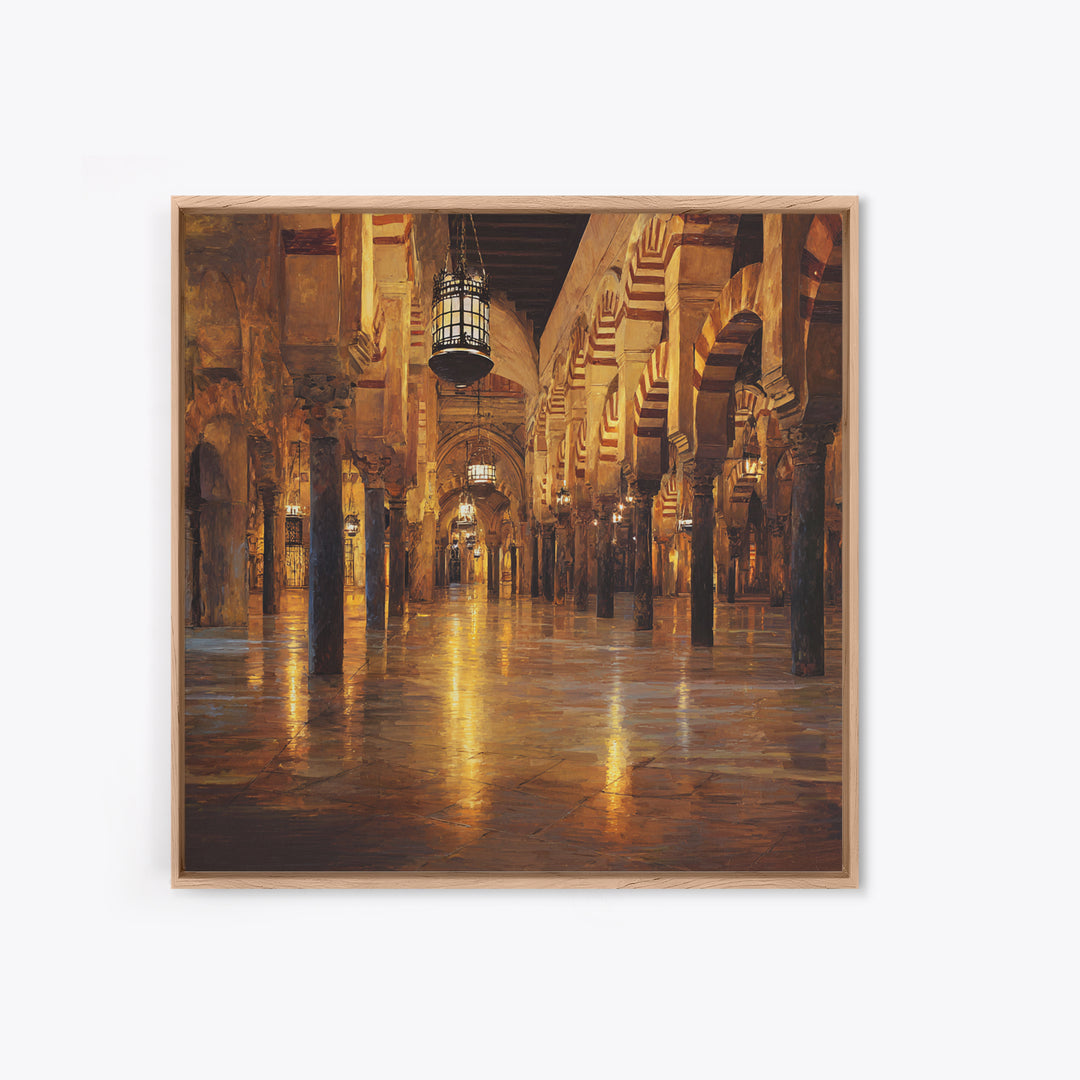 Golden Mosque Corridor Wall Art, Islamic Architecture Print, Moroccan Home Decor, Warm Lantern Canvas For Living Room Decor