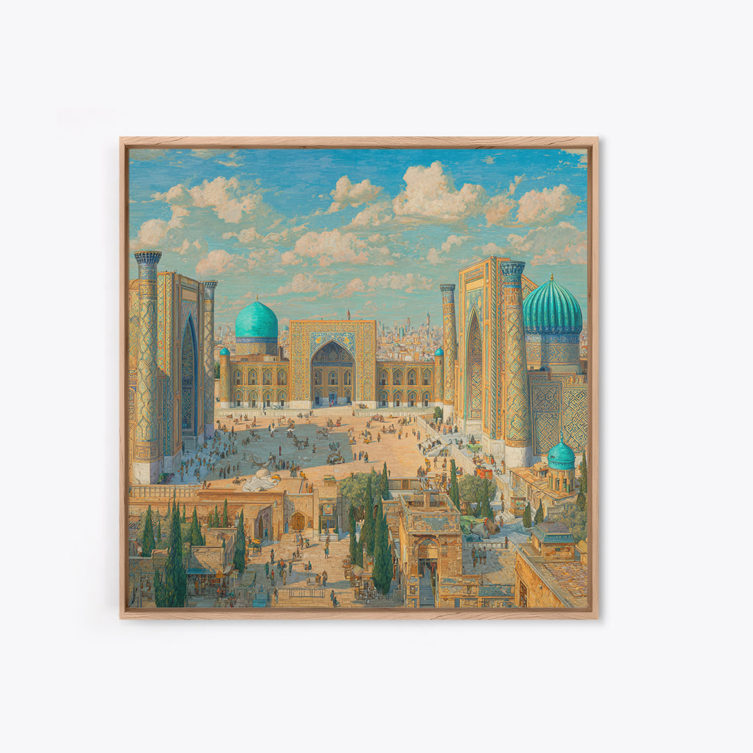 Sunlit Samarkand Mosque Courtyard Wall Art, Islamic Architecture Travel Poster, Blue Tile Decor, Asian Framed Canvas Print