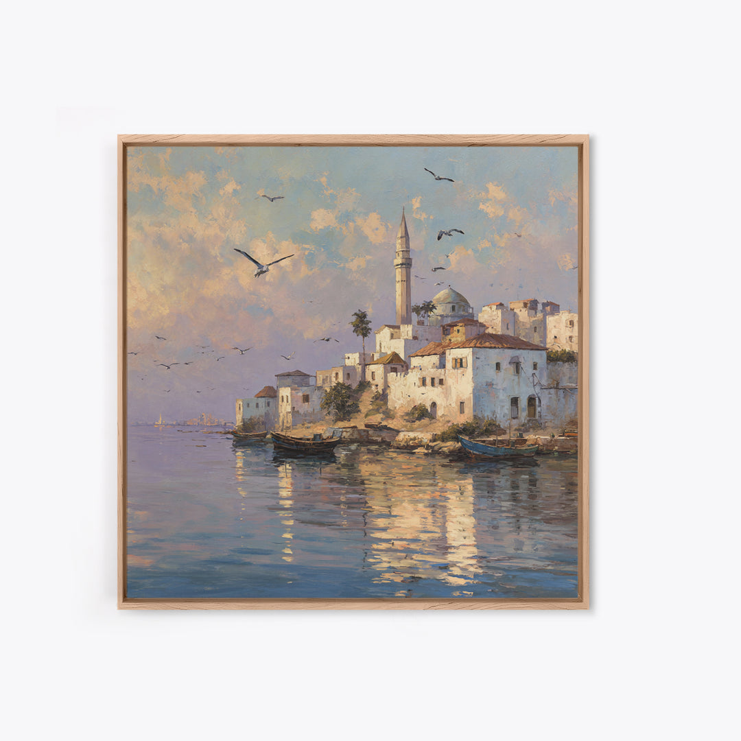 Sunlit Coastal Mosque Village Canvas Print, Mediterranean Seaside Landscape Art, Travel Poster, Coastal Wall Decor For Home
