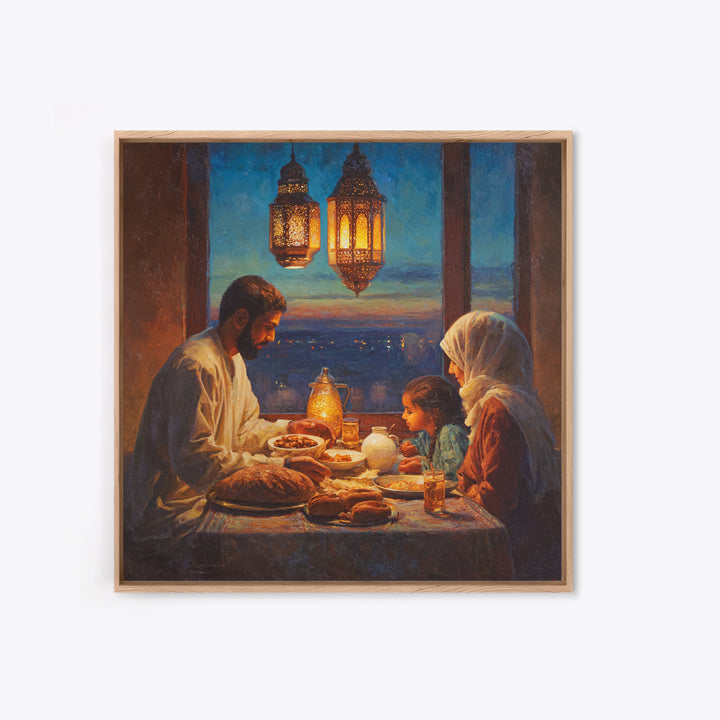 Ramadan Family Iftar By Lanterns Framed Canvas Print, Islamic Home Decor, Warm Dining Room Wall Art, Muslim Gift, Ramadan Eid Decor