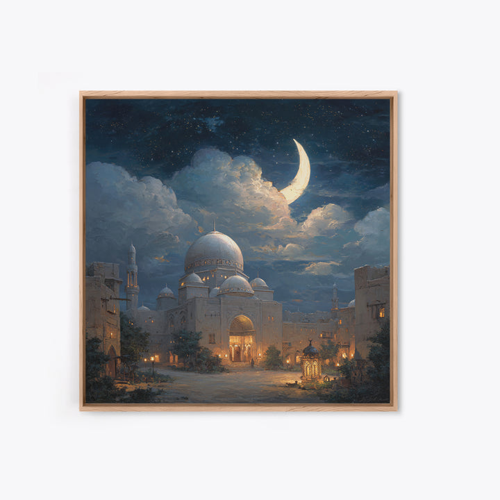 Crescent Moon Mosque Framed Canvas Print, Islamic Architecture Wall Decor, Ramadan Eid Art, Serene Night Sky Home Decor Gift