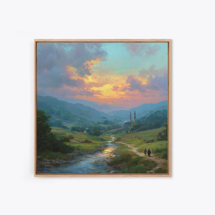 Sunset Valley Mosque And River Landscape Wall Art, Islamic Home Decor, Serene Nature Print, Peaceful Living Room Decor, Housewarming Gift