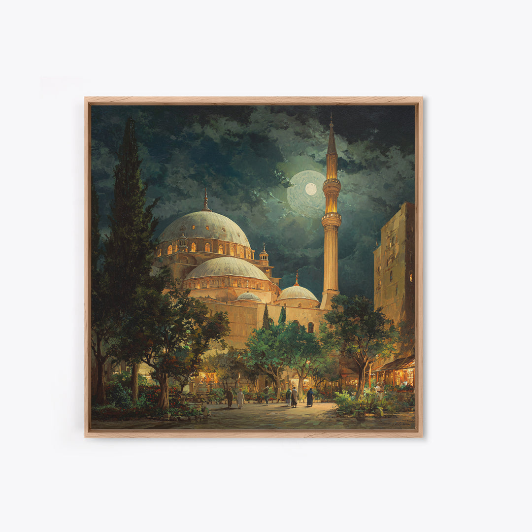 Moonlit Mosque Courtyard At Night Wall Art, Islamic Architecture Canvas Print, Ramadan Decor, Prayer Room Poster For Home Decor