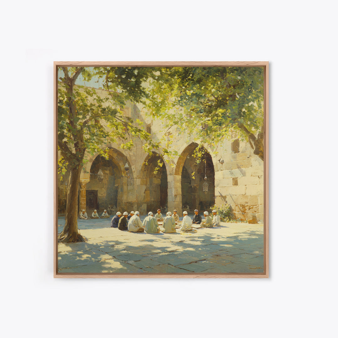 Sunlit Mosque Courtyard Gathering Under Trees Framed Canvas Print, Islamic Wall Art, Arabic Architecture, Serene Home Decor