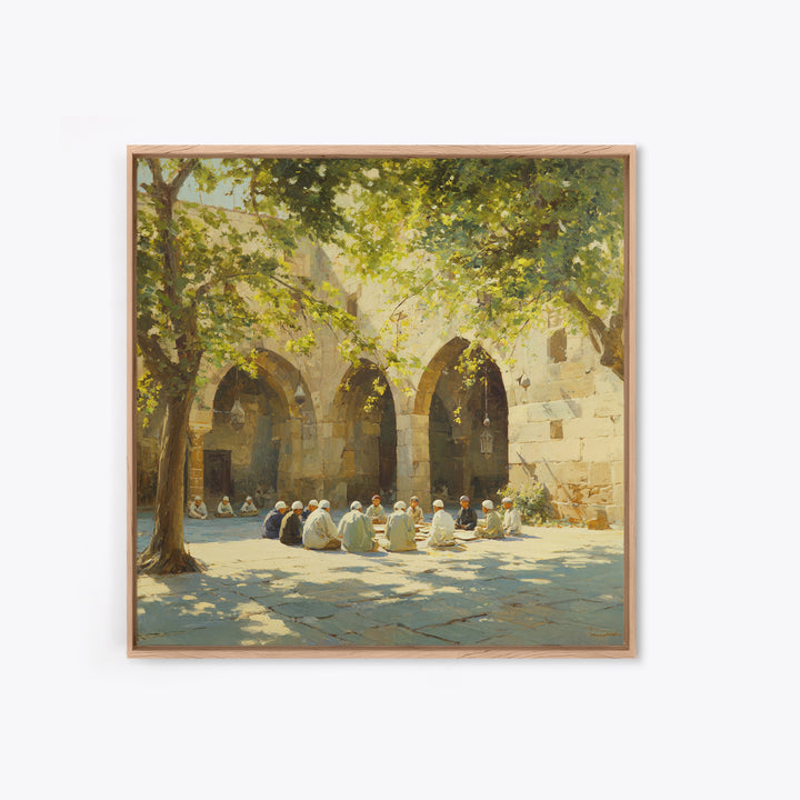 Sunlit Mosque Courtyard Gathering Under Trees Framed Canvas Print, Islamic Wall Art, Arabic Architecture, Serene Home Decor