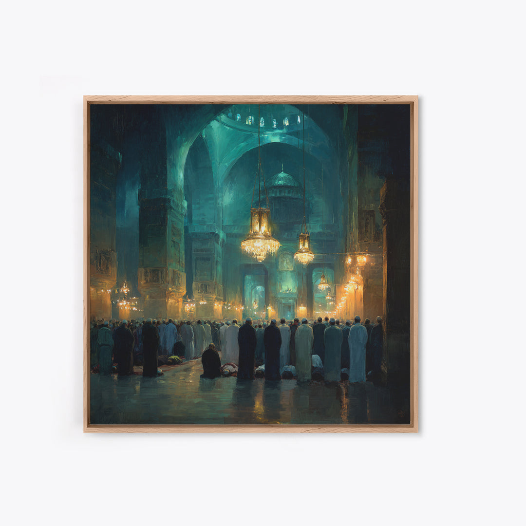 Teal Mosque Prayer Hall With Golden Chandeliers Canvas Print, Islamic Wall Decor, Spiritual Fine Art, Ramadan Gift, Elegant Home Decor