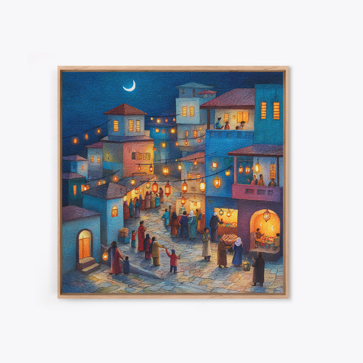 Moonlit Lantern Village Wall Art, Middle Eastern Night Market Canvas Print, Ramadan Decor, Cozy Blue Homes, Housewarming Gift
