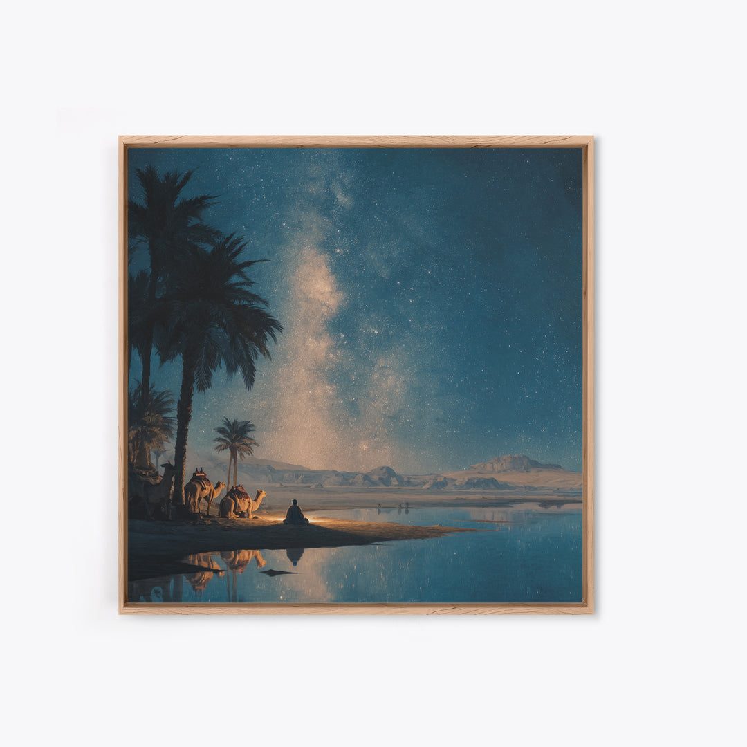 Starlit Desert Oasis With Camels Wall Art, Celestial Night Landscape Print For Boho Home Decor And Meditation Room Wall Decor