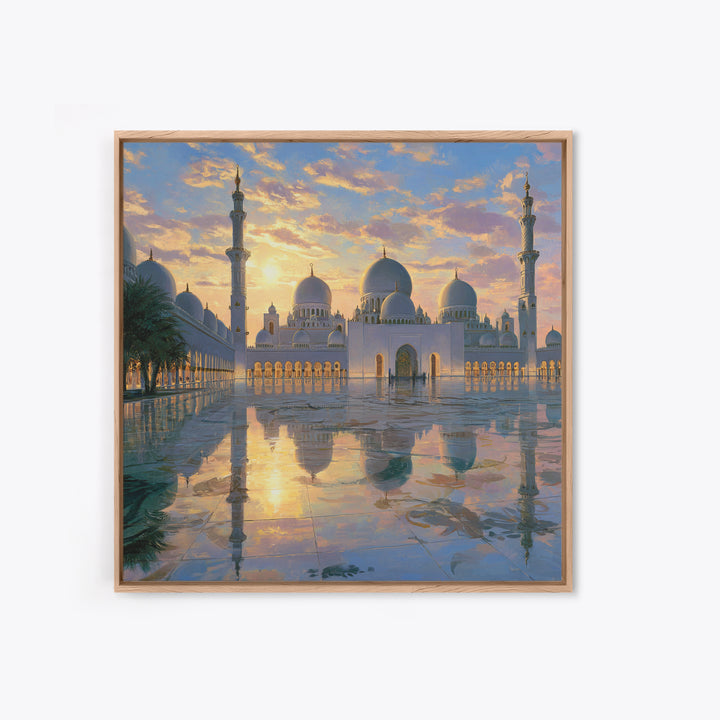 White Grand Mosque At Sunset Framed Canvas Print, Islamic Wall Art, Abu Dhabi Architecture, Spiritual Decor, Luxury Home Decor