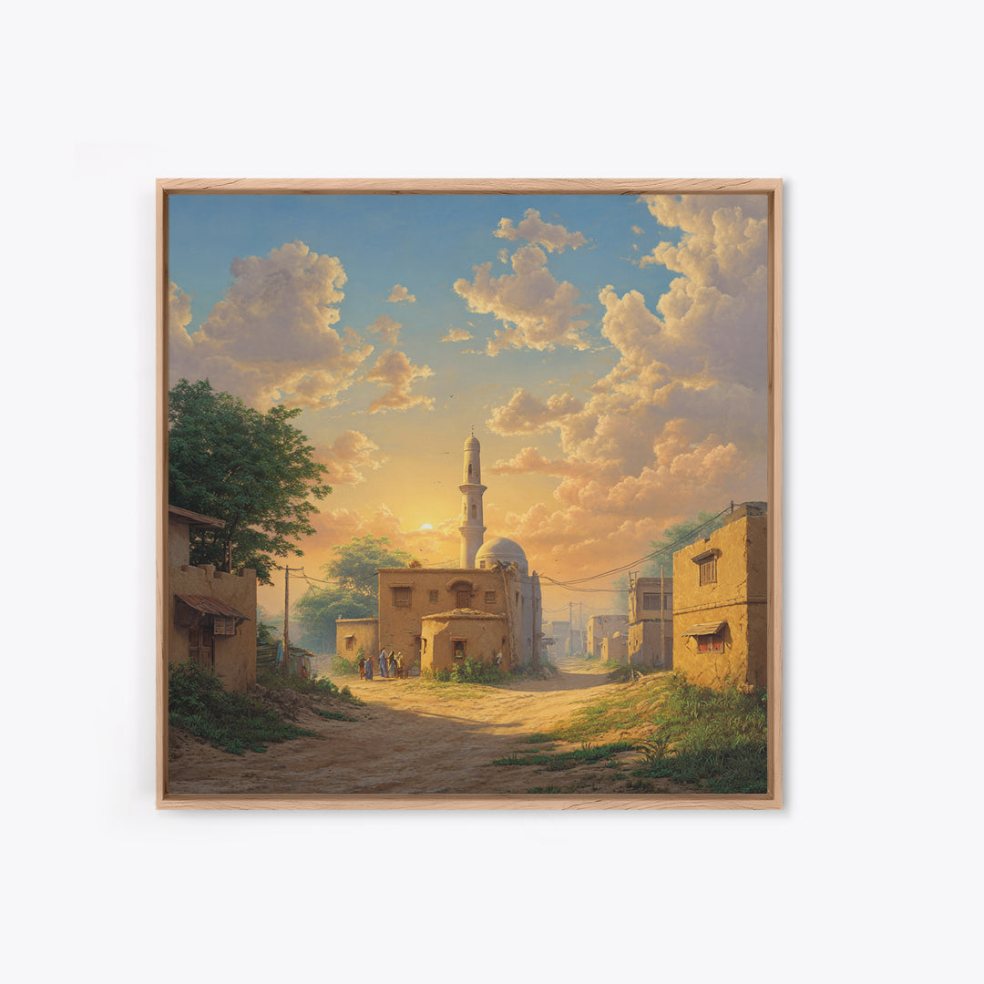 Sunlit Village Mosque At Golden Sunset Wall Art, Islamic Landscape Canvas Print, Rustic Travel Decor, Serene Home Gift For Living Room