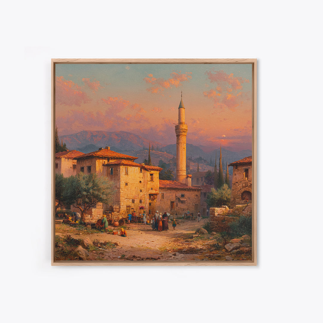 Sunset Village With Minaret Wall Art, Mediterranean Landscape Print, Islamic Architecture Decor, Travel Poster For Living Room