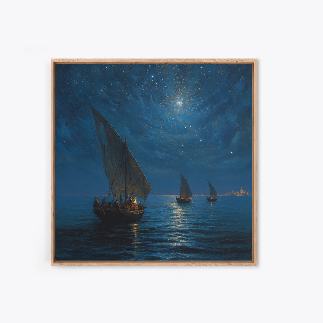 Starry Night Sailboats On Moonlit Sea Wall Art, Nautical Coastal Canvas Print, Ocean Landscape Decor, Romantic Travel Gift