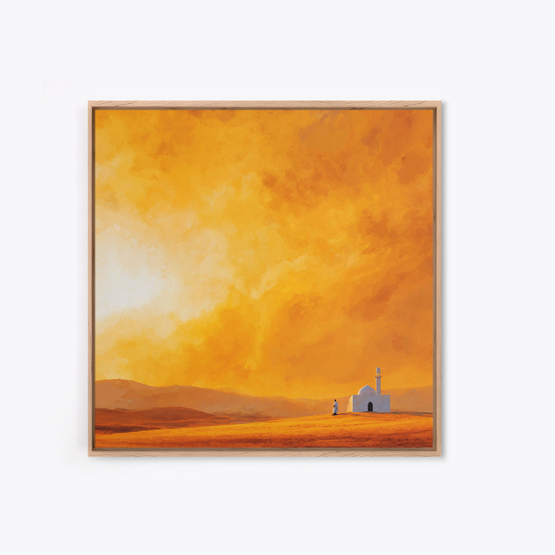 Glowing Orange Desert Mosque Canvas Print, Minimalist Landscape Art, Islamic Wall Decor, Warm Neutral Home Decor Gift Idea