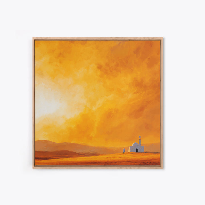 Glowing Orange Desert Mosque Canvas Print, Minimalist Landscape Art, Islamic Wall Decor, Warm Neutral Home Decor Gift Idea