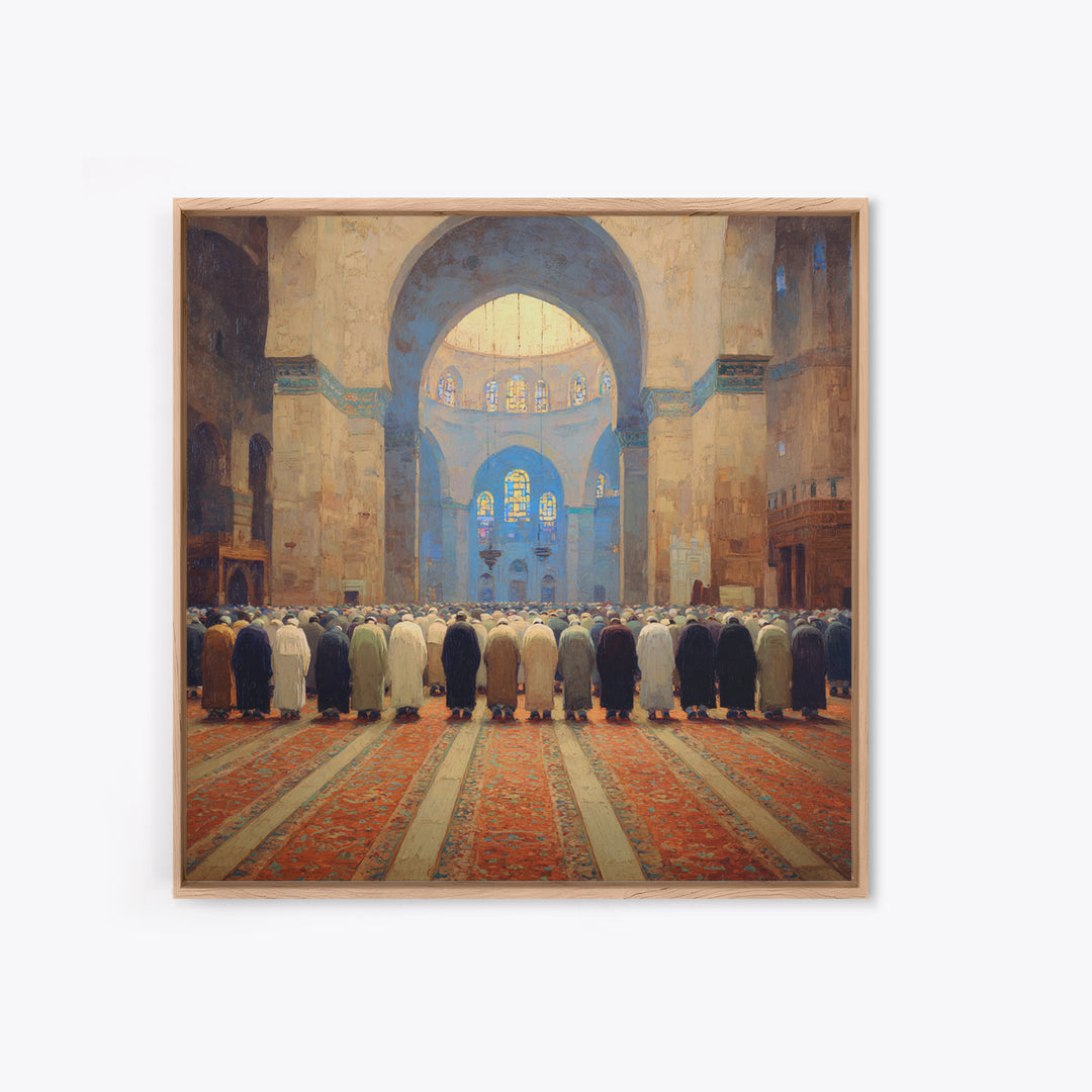 Grand Mosque Prayer Scene Wall Art, Islamic Home Decor, Framed Canvas Print, Spiritual Architecture, Ramadan Gift, Muslim Wall Decor