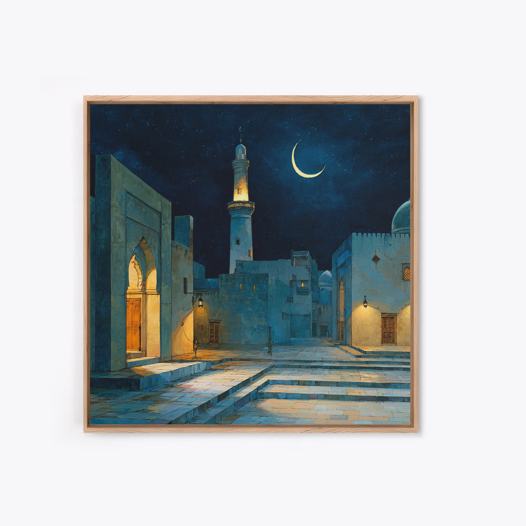 Blue Moonlit Mosque Courtyard With Crescent Moon Wall Art, Islamic Wall Decor, Celestial Night Print, Serene Home Decor Gift