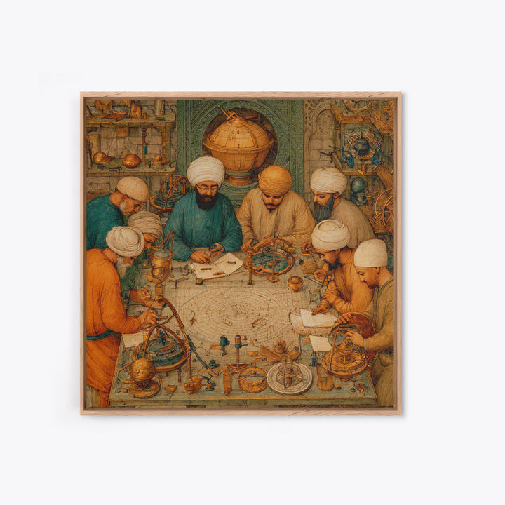 Medieval Astronomers Studying Celestial Maps Wall Art, Islamic Science Illustration Canvas Print For Library Office Decor